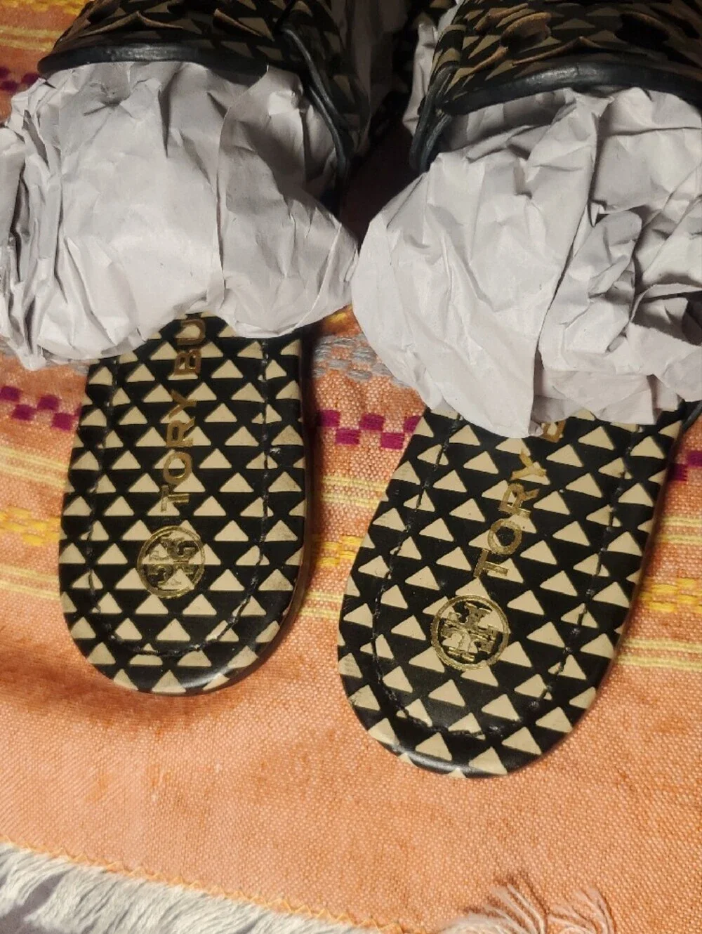 Tory Burch Miller Black&Cream Geometric Thong Sandals Size 7.5
